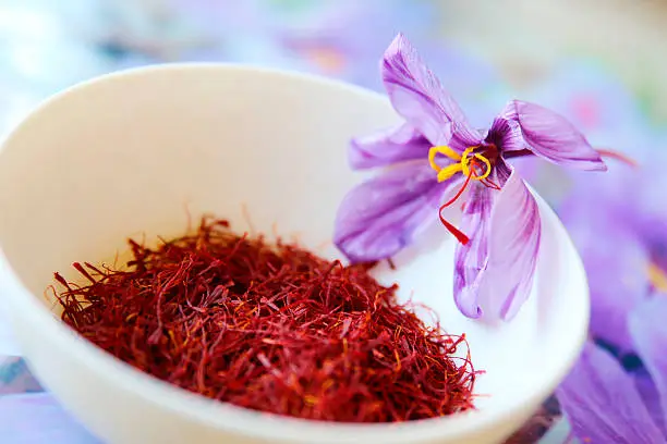 Commercial saffron comes from the bright red stigmas of the saffron crocus (Crocus sativus) which flowers in the Fall in many different countries, including Greece, India, Iran, Afghanistan and Spain.