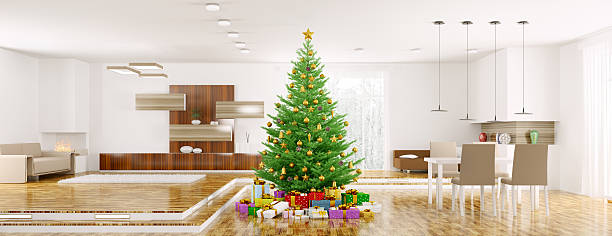modern christmas interior 3d rendering - xmas tree stockfoto's en -beelden