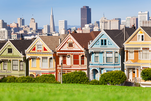 Painted ladies and San Francisco view on background 
