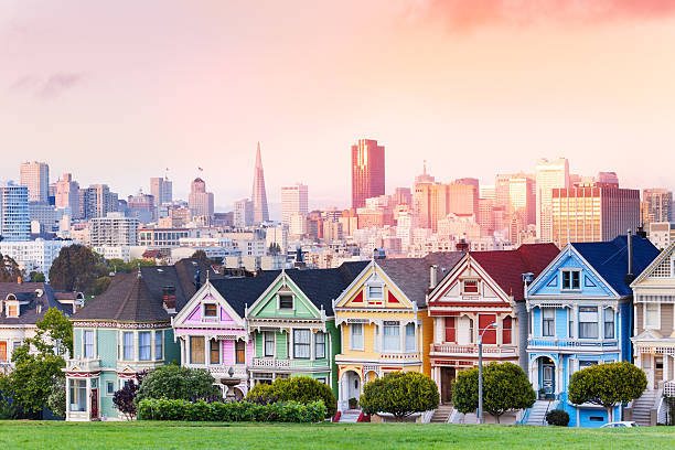 Evening skyline of San Francisco, painted ladies Early evening warm light skyline of San Francisco and painted ladies from Alamo park square  san francisco california stock pictures, royalty-free photos & images