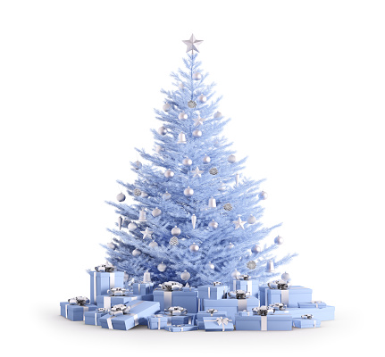 Blue christmas tree with silver baubles, gifts isolated over white 3d render