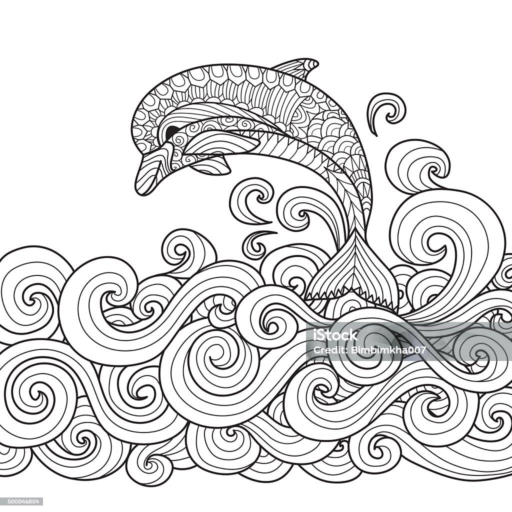 dolphin Hand drawn dolphin with scrolling sea wave for coloring book for adult Mandala stock vector