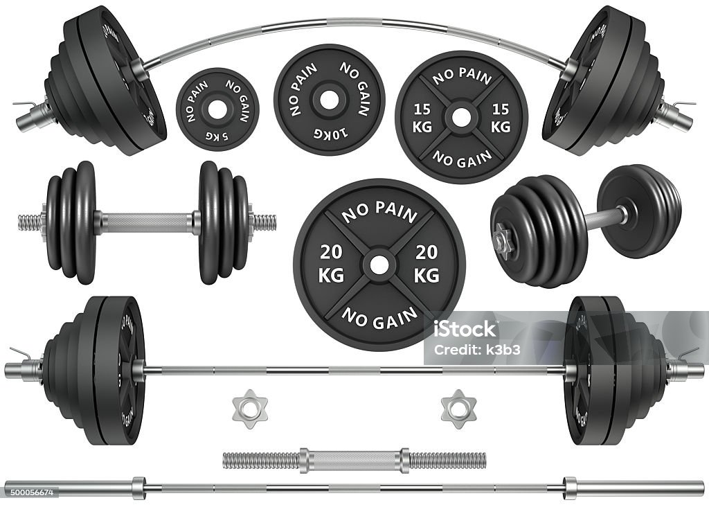 Shots of a metal barbells and weights 3D Studio shots of a metal barbells and weights isolated on white background. For GYM and fitness White Background Stock Photo