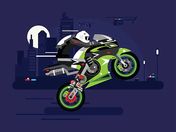 Vector illustration of High-speed motorcycle rides on one wheel