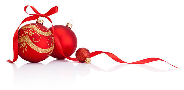 istock Red christmas baubles with ribbon bow isolated on white background 500058000
