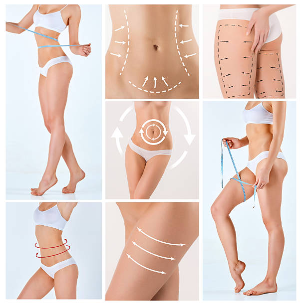 Collage of female body with the drawing arrows Collage of female body with the drawing arrows. Fat lose, liposuction and cellulite removal concept. slim photos stock pictures, royalty-free photos & images