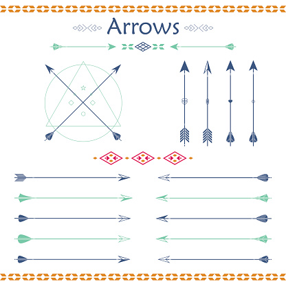 Big set of different vector arrows. Hipster arrows collection. Set of Indian style arrows. Arrow for all design. Indian elements, tribal elements, template. Traditional hunting weapon.