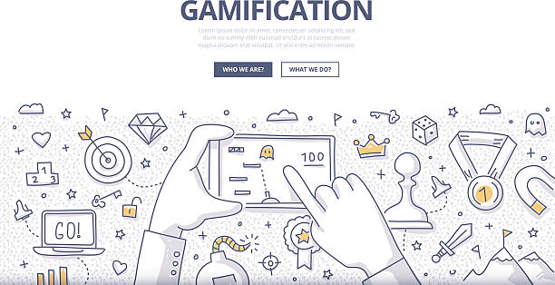 Gamification Doodle Concept Doodle concept of gamification strategy, modern social media marketing, technology & innovation. Modern line style illustration for web banners, hero images, printed materials gamification badge stock illustrations