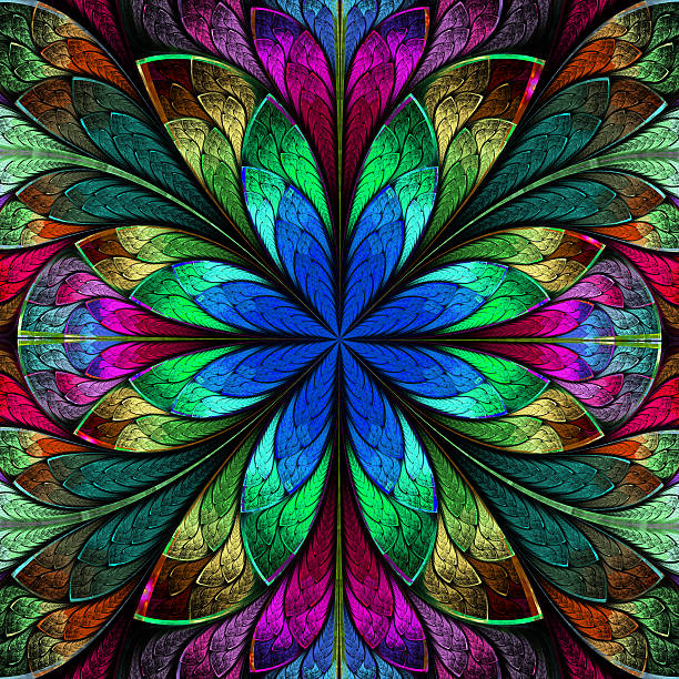 Multicolored symmetrical fractal flower in stained-glass window
