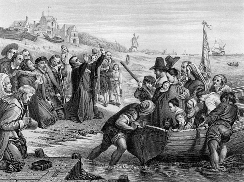 An engraved illustration of the Pilgrim Fathers leaving England, from a Victorian book dated 1886 that is no longer in copyright
