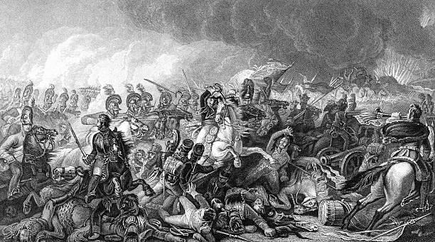 An engraved vintage illustration image of the Duke of Wellington with his army at the Battle of Waterloo, from a Victorian book dated 1886 that is no longer in copyright