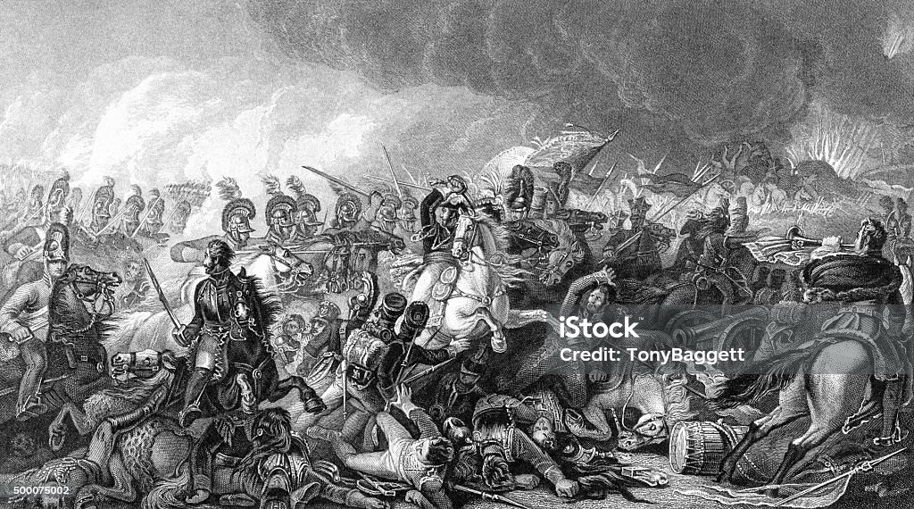 Battle of Waterloo An engraved vintage illustration image of the Duke of Wellington with his army at the Battle of Waterloo, from a Victorian book dated 1886 that is no longer in copyright Napoleon Bonaparte stock illustration