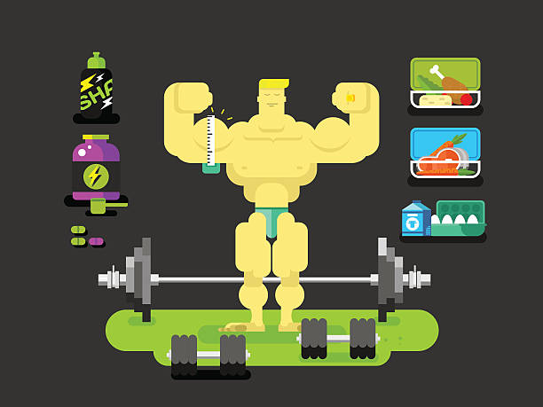 płaskie bodybuilder znak - creatine nutritional supplement men human muscle stock illustrations