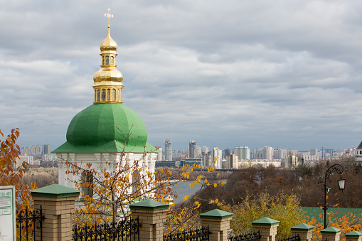 Panorama of Kiev-Pechersk Lavra in autumn. Big Bell tower, Refectory Church and Assumption Cathedral. Kiev, Ukraine 