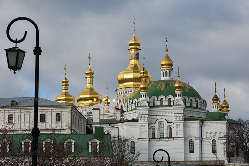 Panorama of Kiev-Pechersk Lavra in autumn. Big Bell tower, Refectory Church and Assumption Cathedral. Kiev, Ukraine 