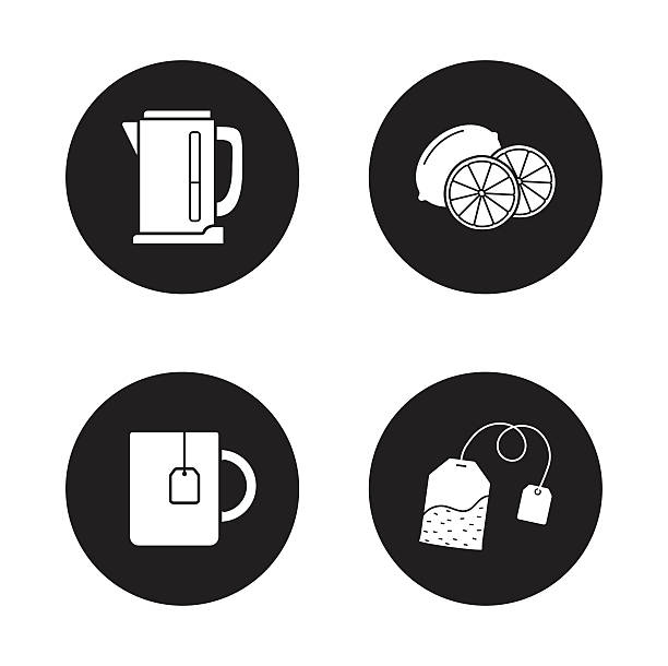 tee-icons set. schwarz - tea cup coffee cup teapot domestic kitchen stock-grafiken, -clipart, -cartoons und -symbole