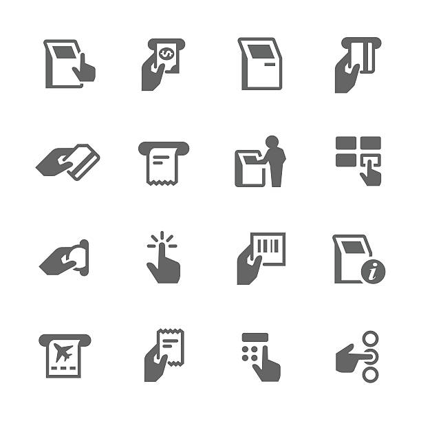 Simple Kiosk Terminal Icons Simple Set of Kiosk Terminal Related Vector Icons. Contains such icons as choosing options, getting recipe, printing tickets and more.  inserting stock illustrations