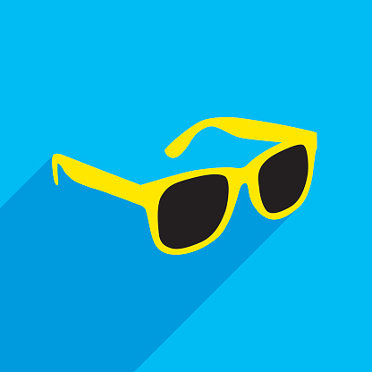 Vector illustration of a pair of sunglasses with shadow on a blue square background.