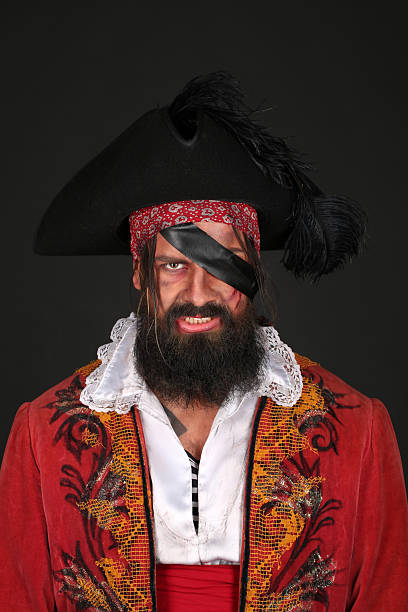 Portrait of handsome man in a pirate costume with hat and eye patch on black background
