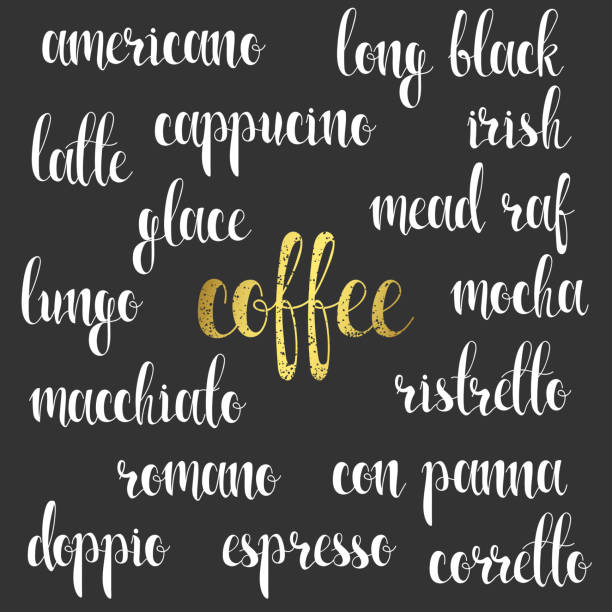 Set names of species coffee in calligraphy handmade, design menu. Set names of species coffee in calligraphy handmade design menu. Elite premium design labels. Calligraphy to create retro and vintage design menus, infographics, posters, brochures and postcards. romano cheese stock illustrations