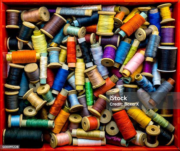 Red Box With Colored Threads For Sewing Stock Photo - Download Image Now -  Art And Craft, Ball Of Wool, Black Color - iStock