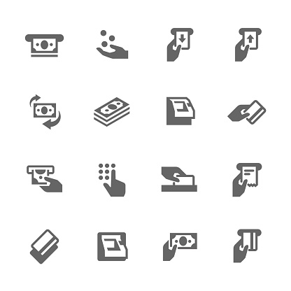 Simple Set of ATM Related Vector Icons. Contains such icons as money, ATM machine, sliding card icon and more. 