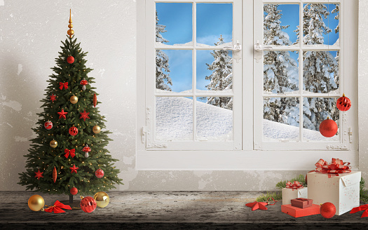 Christmas scene with tree and decorations, lights, ornaments, balls, gifts. Wall and window in background.