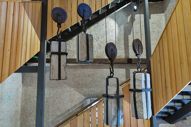 Church clock tower inside on lake Bled island