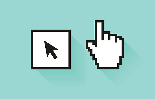 Set of social media icon. Pixel hand and botton with Set of social media icon. Pixel hand and botton with cursor arrow analog clock stock illustrations