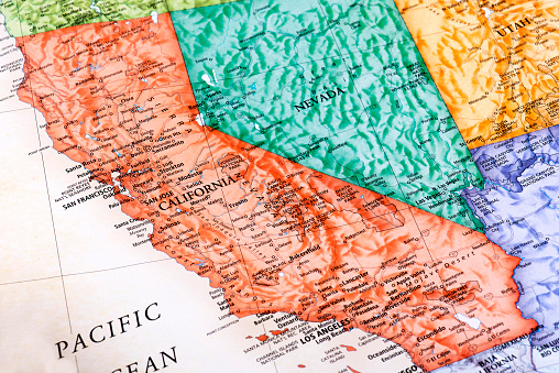 Map of California, Nevada and Utah States in USA. Detail from the World Map.
