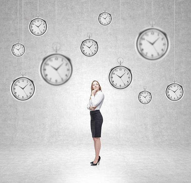 istock businesswoman thinking about time, pocket watch hovering above 500114598