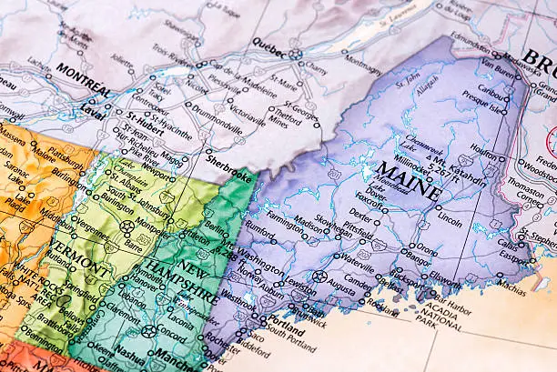 Map of Maine, New Hampshire and Vermont States in USA. Detail from the World Map.