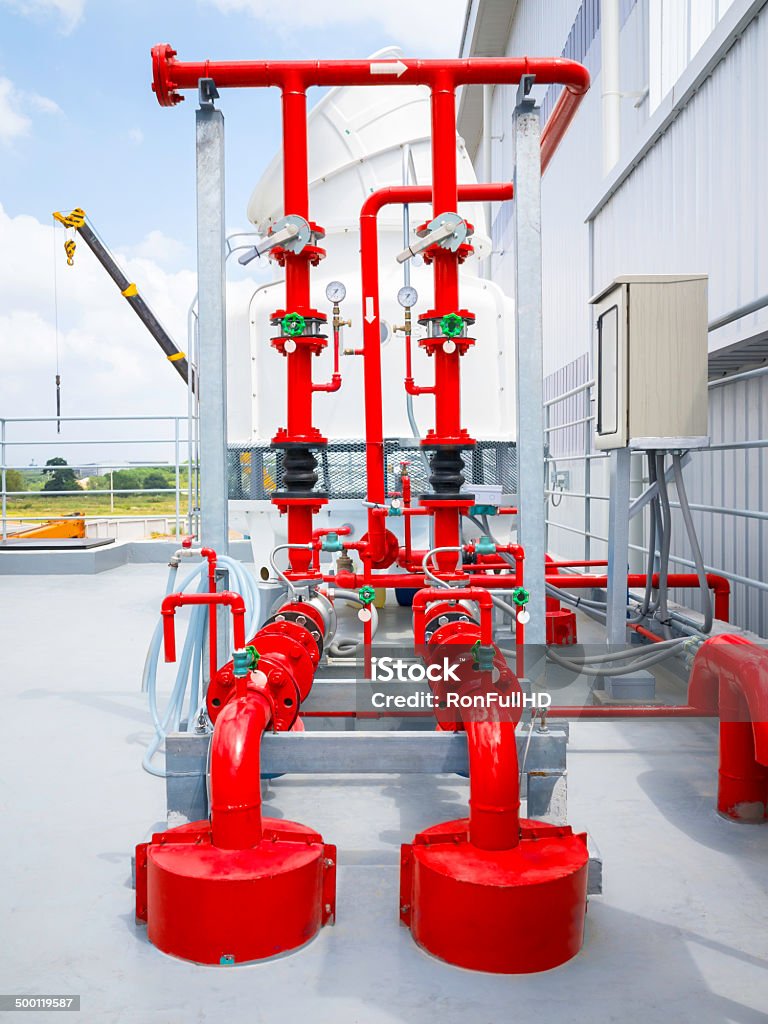 pump Water pump and steel pipe red color. Chiller - HVAC Equipment Stock Photo