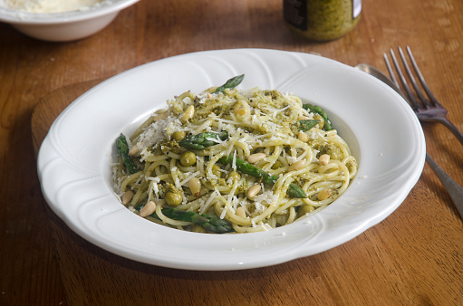 Filini pasta with asparagus, peas and pesto