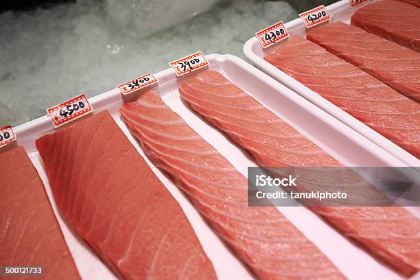 Tuna Slices On Sale Stock Photo - Download Image Now - Fish Market, Japanese Culture, Bluefin Tuna