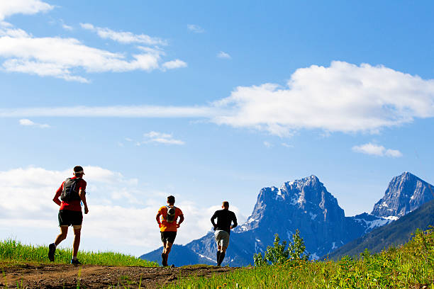 Trail Running Race A group of three male runners compete in a long distance trail running race in the Rocky Mountains of Canada.  color intensity stock pictures, royalty-free photos & images