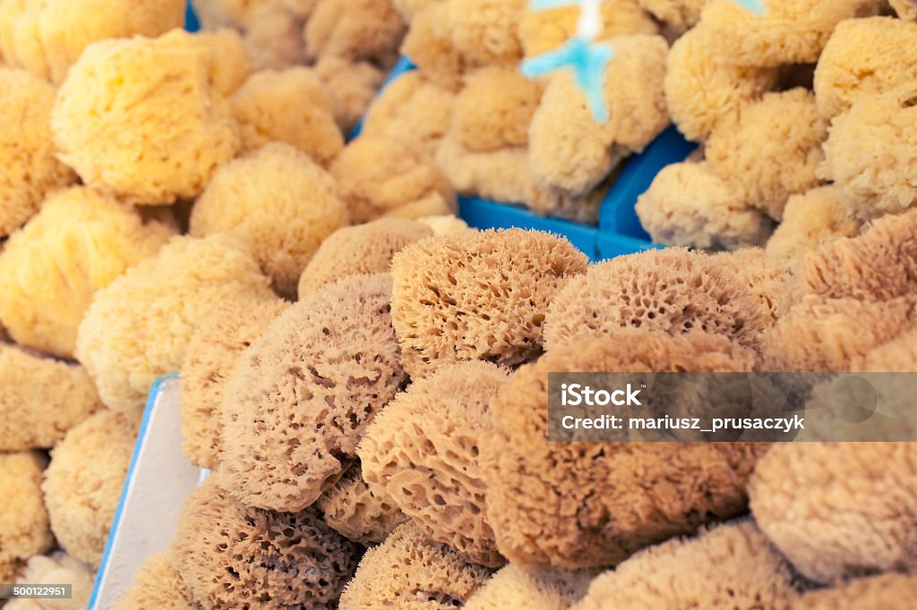 Natural sponge in different shapes on boat stall in Greece Aegean Sea Stock Photo