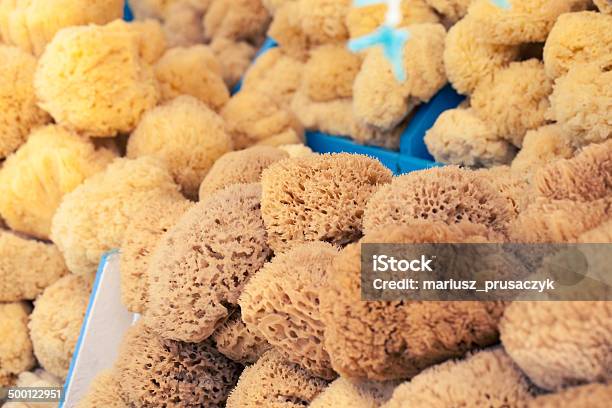 Natural Sponge In Different Shapes On Boat Stall In Greece Stock Photo - Download Image Now