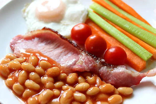Photo showing a healthy full English fried breakfast, consisting of a rasher of grilled bacon, baked beans (reduced sugar and salt), cherry tomatoes, a dry fried / poached egg and julienne slices of carrots and celery.  This is a low calorie version of a traditional fried breakfast meal, served up as part of a healthy eating diet plan.