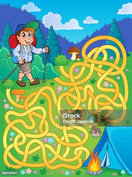 Maze 1 With Hiker Outdoor Stock Illustration - Download Image Now - Camping, Maze, Vacations