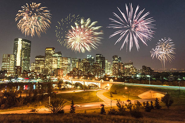 skyline of  calgary with fireworks for the new year