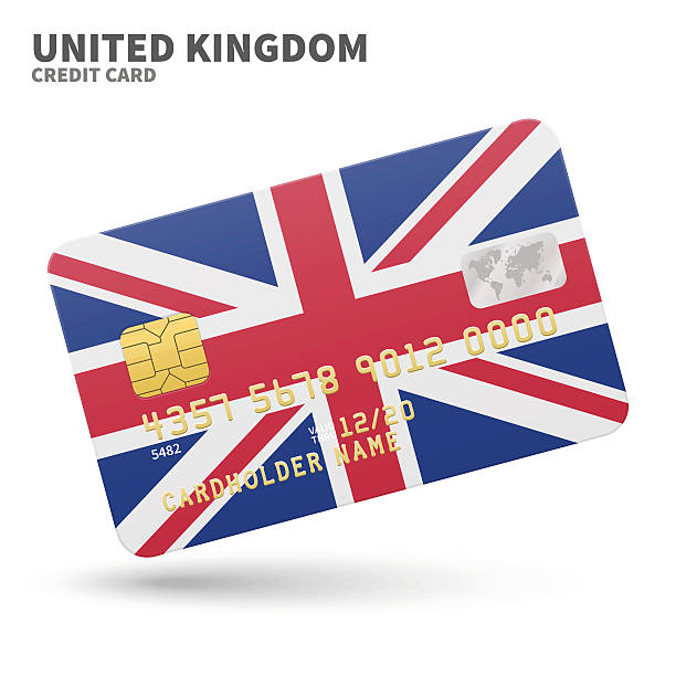 illustrazioni stock, clip art, cartoni animati e icone di tendenza di carta di credito con sfondo della bandiera del regno unito di banca, presentazioni - british flag currency banking uk