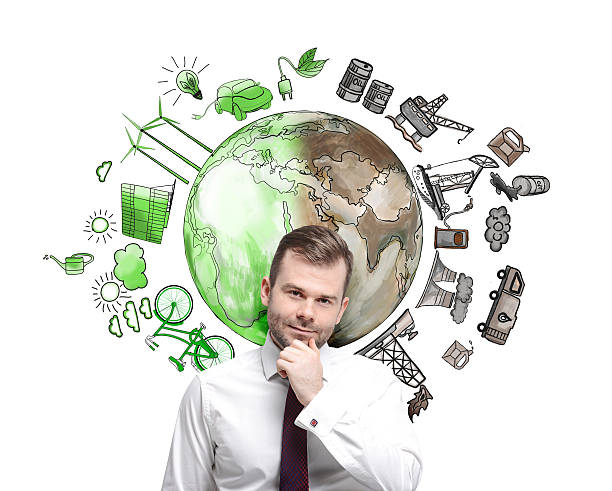 man thinking about environment, oil production and ecoenergy man in front of the wall thinking about oil production and pollution, brown illustration of oil industry components and green eco energy on white wall arranged in circle, concept of environment Successful eco-tourism initiatives with eco vehicles stock pictures, royalty-free photos & images