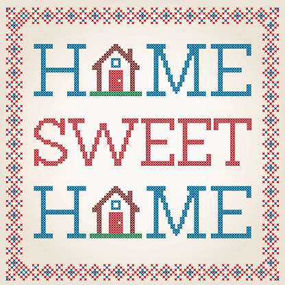 A cross stitched style 'Home Sweet Home' message with a decorative cross stitched border. The only gradient used is on its own background layer and it's easy to delete or remove. Download includes an AI10 EPS file as well as a high resolution RGB JPEG sized 3000x3000 pixels.