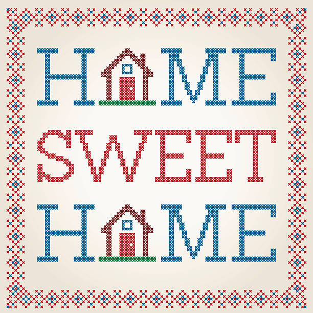 Cross Stitched Home Sweet Home Decoration With Border Design A cross stitched style 'Home Sweet Home' message with a decorative cross stitched border. The only gradient used is on its own background layer and it's easy to delete or remove. Download includes an AI10 EPS file as well as a high resolution RGB JPEG sized 3000x3000 pixels. house borders stock illustrations