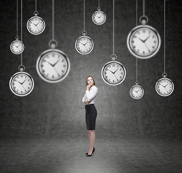 istock businesswoman thinking about time, pocket watch hovering above 500130740