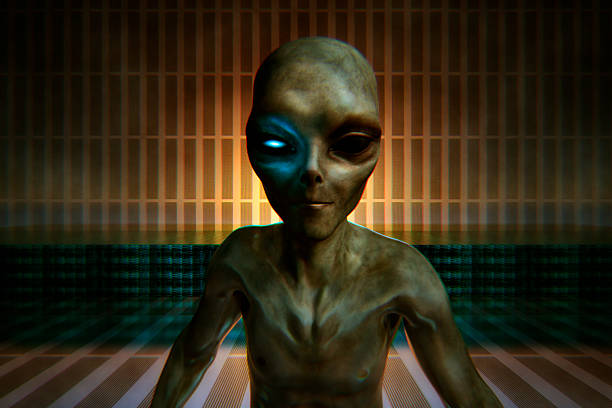 Little green alien character emgering from spaceship, ufo.