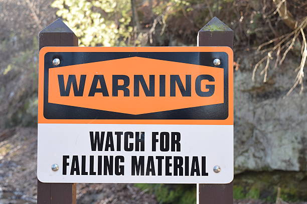 istock Caution Watch For Falling Material Warning Sign On Wood Posts 500136360