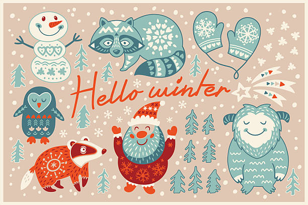 Olá inverno cartão em fogo de estilo - ilustração de arte vetorial