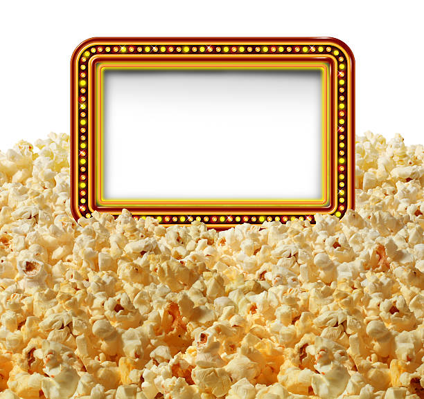 Cinema Popcorn Sign Cinema popcorn with a blank movie marquee sign as an entertainment communication symbol for TV shows or theater performances isolated on a white background. theater marquee red carpet movie theater movie stock pictures, royalty-free photos & images